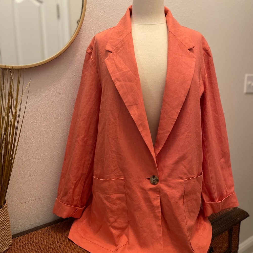 Plus size linen blazer in coral
